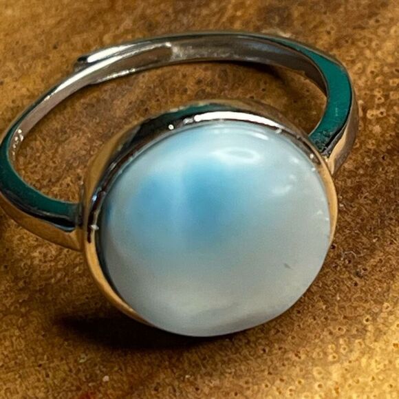 Larimar S925 sterling silver adjustable ring 10mm natural stone crystal NEW - Picture 2 of 14